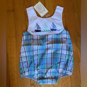 The Beaufort Bonnet Company Plaid Sailboat Embroidered Baby Romper